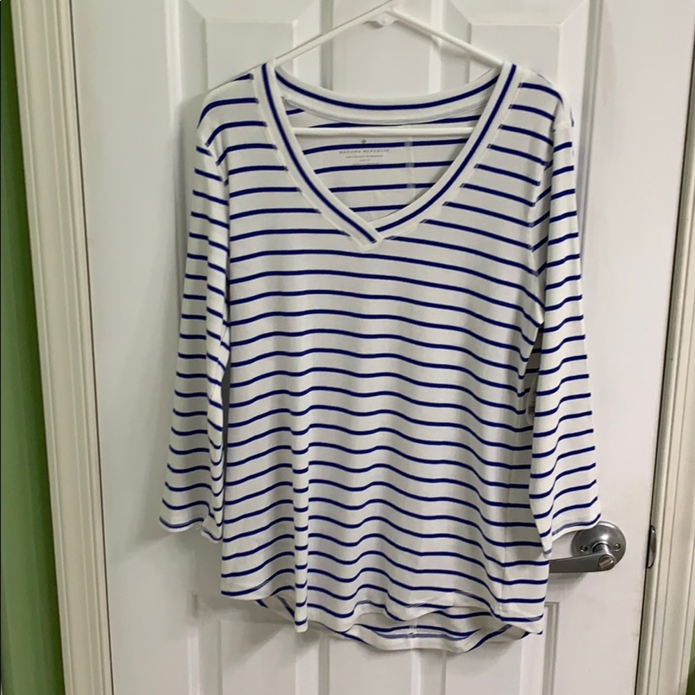 Blue and white striped 3/4 sleeve v-neck NWT